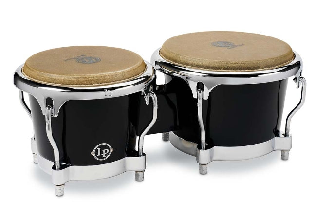 LATIN PERCUSSION LP LP200XF-BK 7-1/4 AND 8-5/8 FIBERGLASS BONGOS - BLACK WITH CHROME PLATED HARDWARE