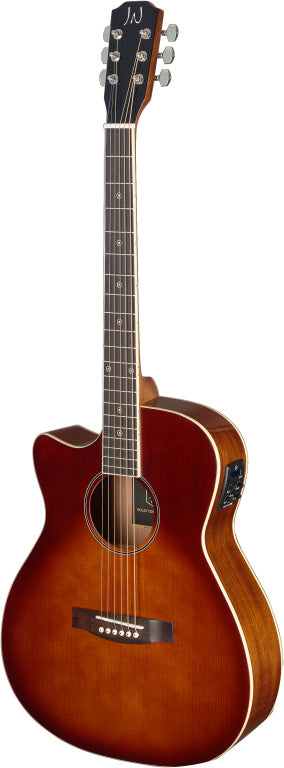 J.N GUITARS Dark cherryburst acoustic-electric auditorium guitar with solid spruce top, left-handed, Bessie