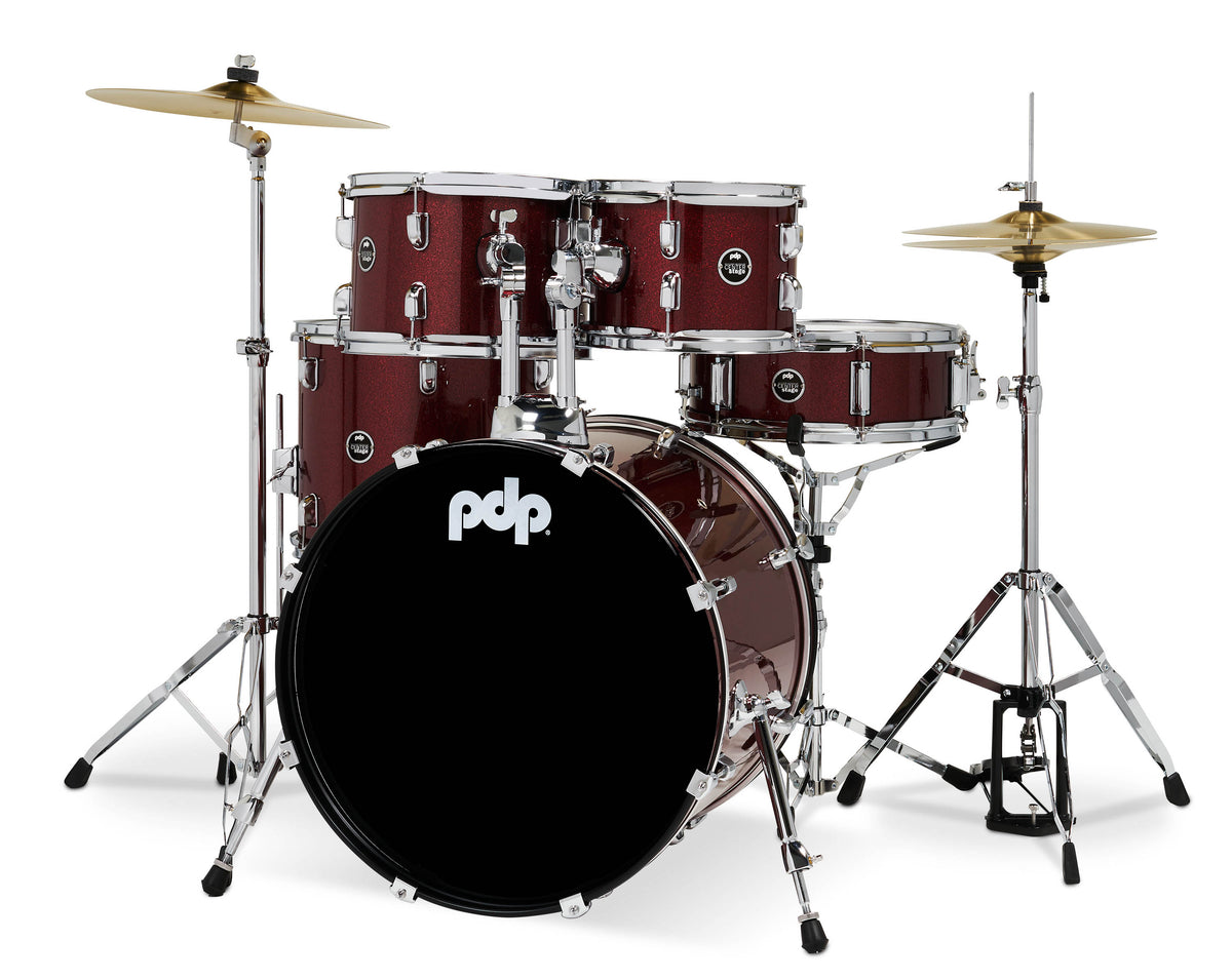 PDP PDCE2015KTRR Center Stage Ruby Red Sparkle 5pc Kit 7x10, 8x12, 12x14F, 14x20, 5x14 Snare. Hardware, Cymbals & Throne Included