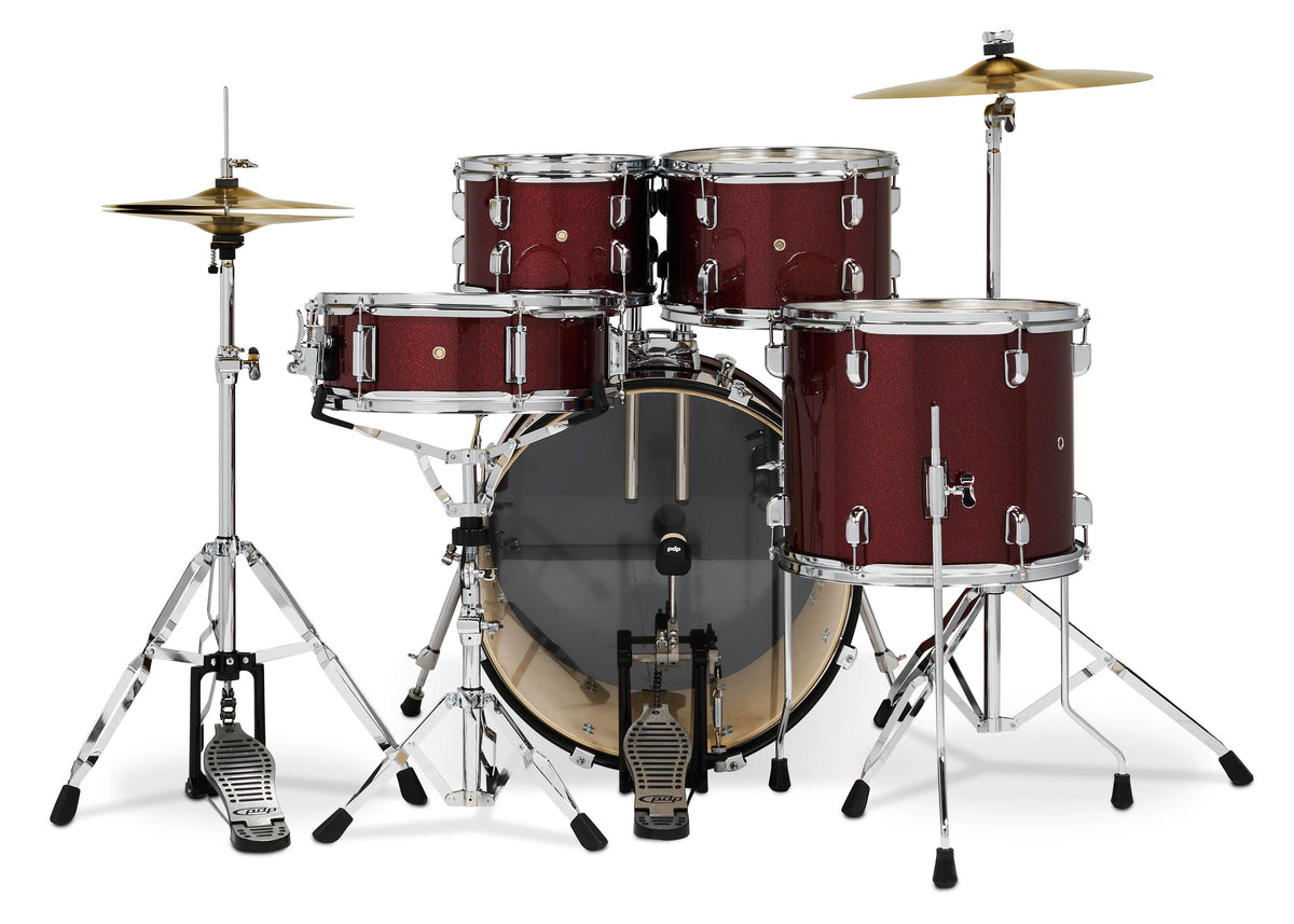 PDP PDCE2015KTRR Center Stage Ruby Red Sparkle 5pc Kit 7x10, 8x12, 12x14F, 14x20, 5x14 Snare. Hardware, Cymbals & Throne Included
