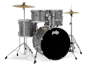 PDP PDCE2015KTSS Center Stage Silver Sparkle 5pc Kit 7x10, 8x12, 12x14F, 14x20, 5x14 Snare. Hardware, Cymbals & Throne Included