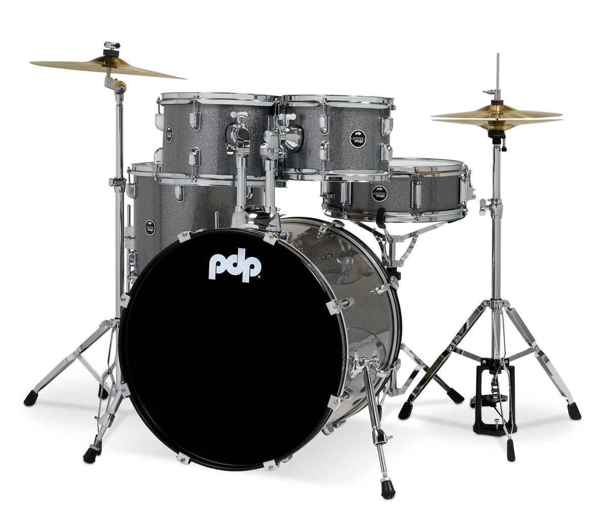 PDP PDCE2015KTSS Center Stage Silver Sparkle 5pc Kit 7x10, 8x12, 12x14F, 14x20, 5x14 Snare. Hardware, Cymbals & Throne Included
