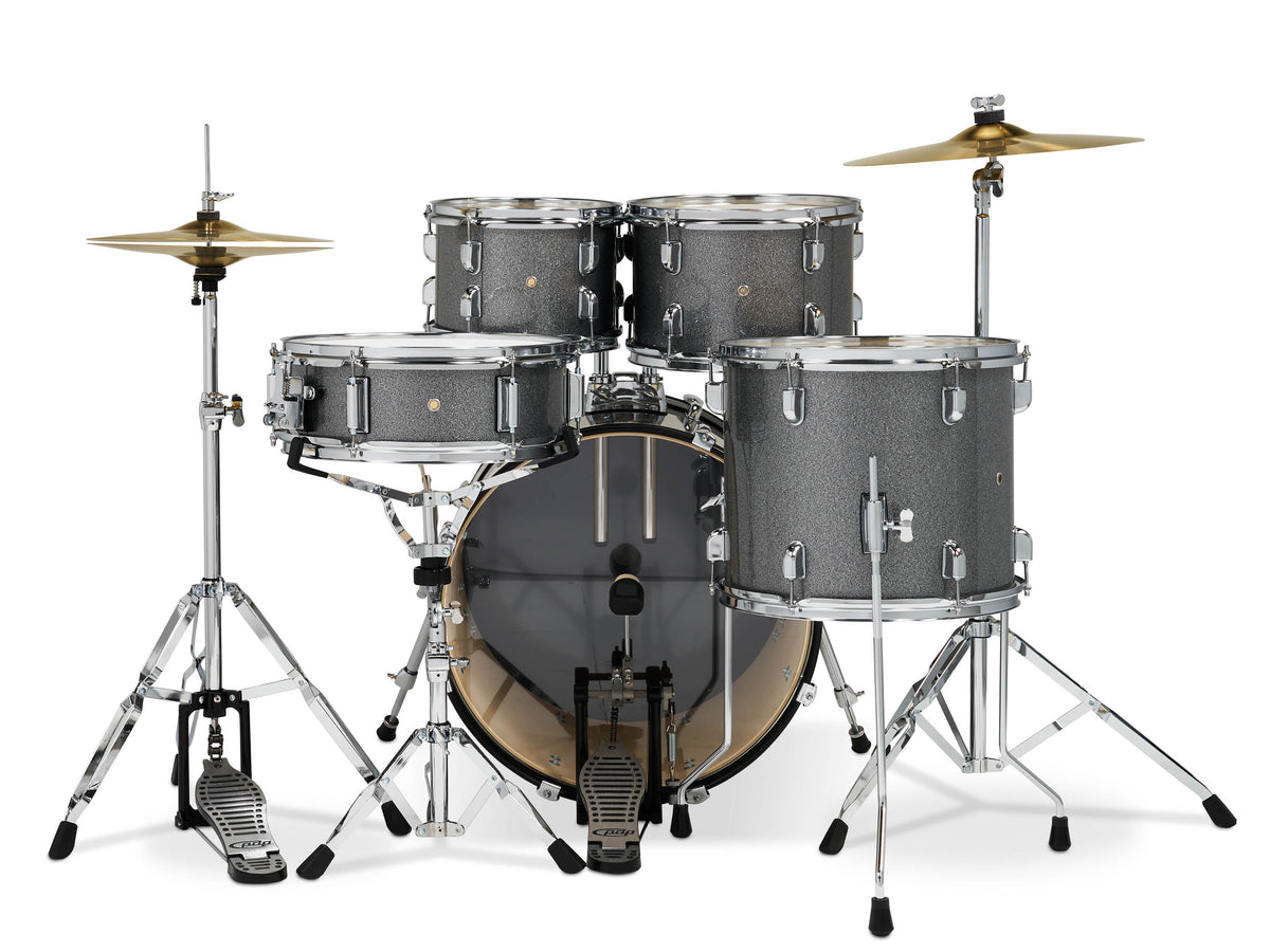 PDP PDCE2015KTSS Center Stage Silver Sparkle 5pc Kit 7x10, 8x12, 12x14F, 14x20, 5x14 Snare. Hardware, Cymbals & Throne Included