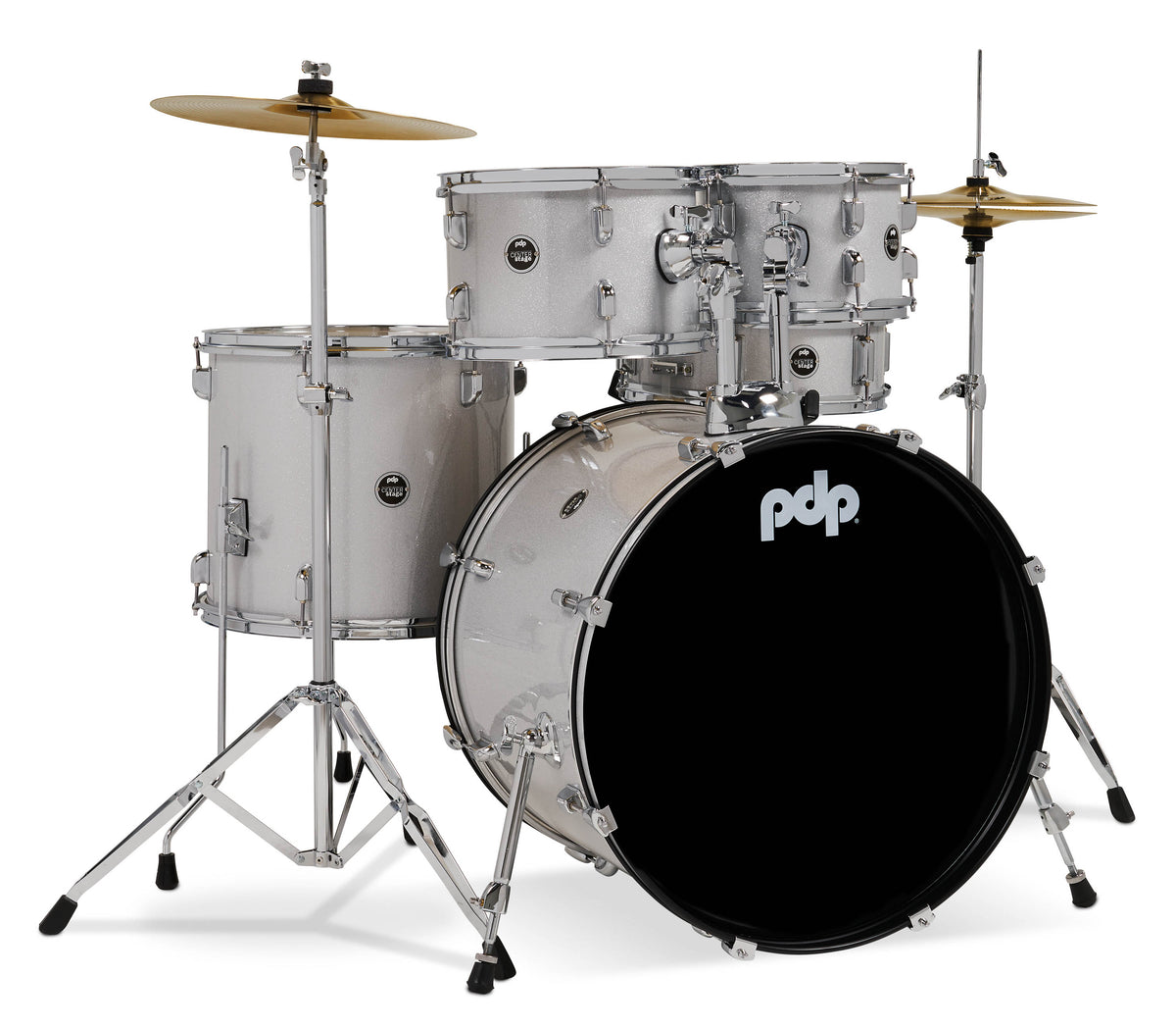 PDP PDCE2215KTDW Center Stage Diamond White Sparkle 5pc Kit 7x10, 8x12, 14x16F, 16x22, 5x14 Snare. Hardware, Cymbals & Throne Included