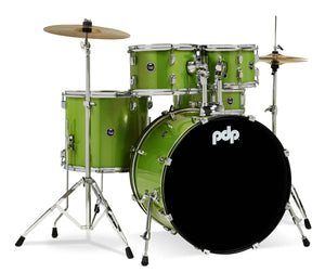 PDP PDCE2215KTEL Center Stage Electric Green Sparkle 5pc Kit 7x10, 8x12, 14x16F, 16x22, 5x14 Snare. Hardware, Cymbals & Throne Included