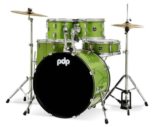 PDP PDCE2215KTEL Center Stage Electric Green Sparkle 5pc Kit 7x10, 8x12, 14x16F, 16x22, 5x14 Snare. Hardware, Cymbals & Throne Included