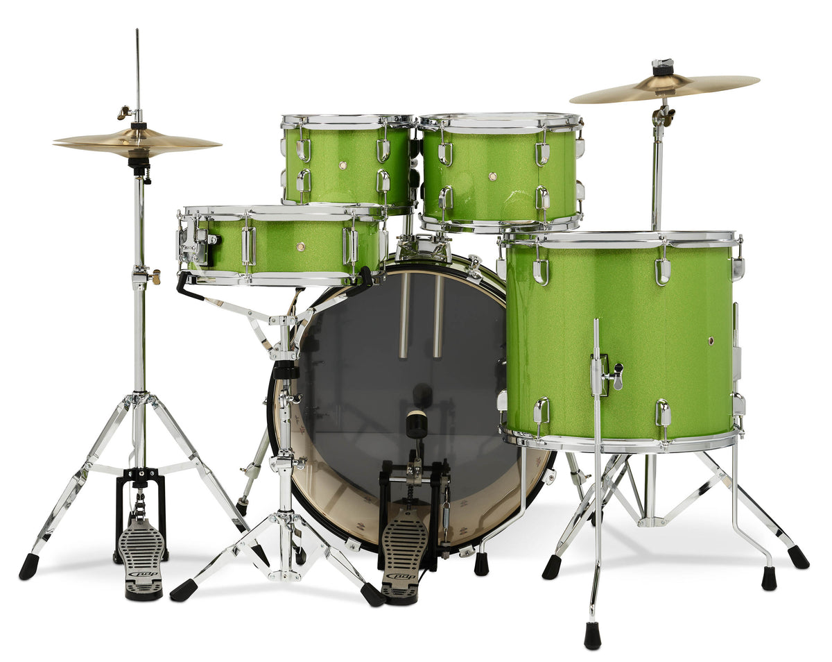 PDP PDCE2215KTEL Center Stage Electric Green Sparkle 5pc Kit 7x10, 8x12, 14x16F, 16x22, 5x14 Snare. Hardware, Cymbals & Throne Included