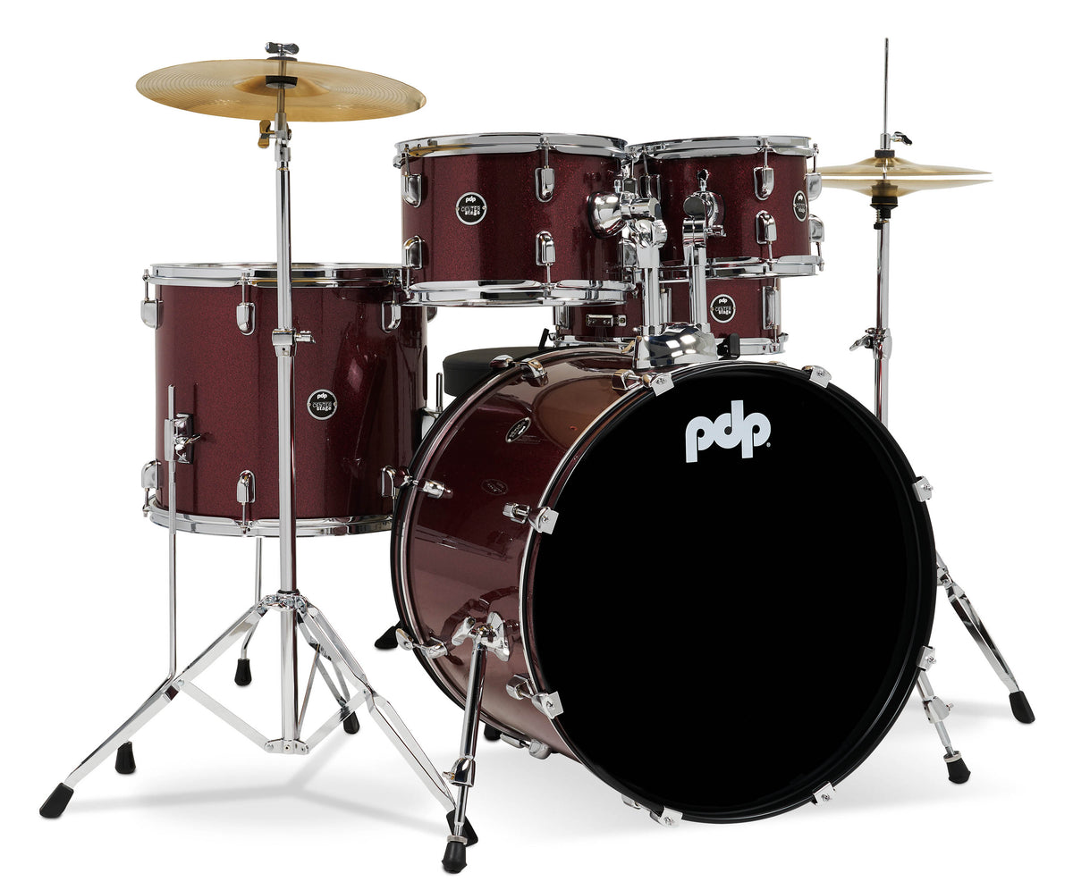 PDP PDCE2215KTRR Center Stage Ruby Red Sparkle 5pc Kit 7x10, 8x12, 14x16F, 16x22, 5x14 Snare. Hardware, Cymbals & Throne Included