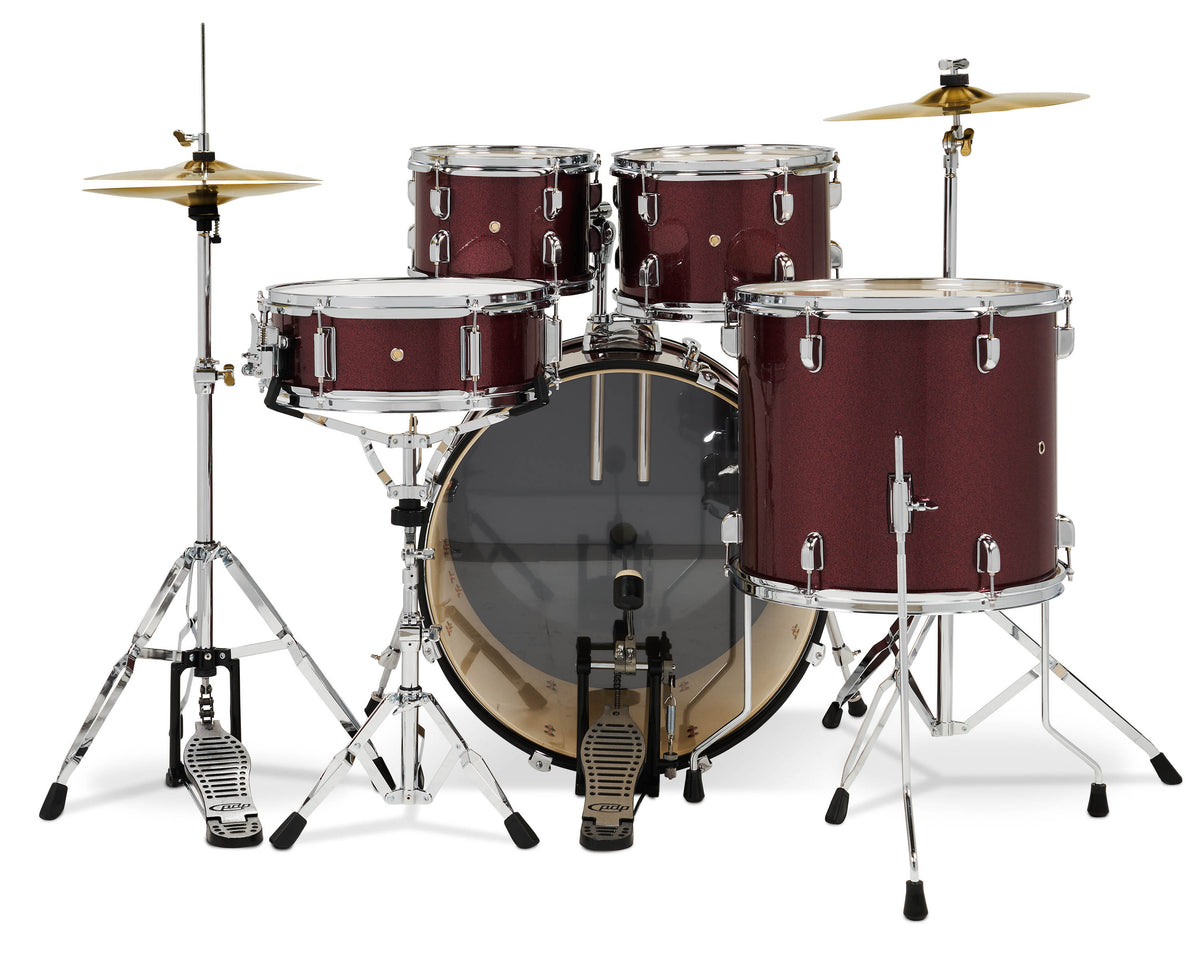 PDP PDCE2215KTRR Center Stage Ruby Red Sparkle 5pc Kit 7x10, 8x12, 14x16F, 16x22, 5x14 Snare. Hardware, Cymbals & Throne Included