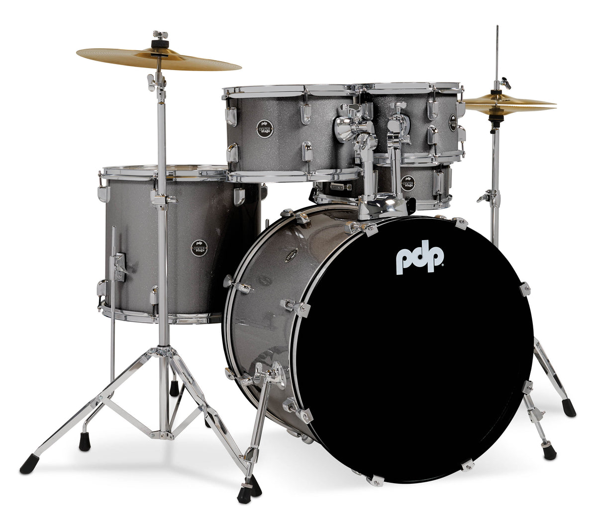 PDP PDCE2215KTSS Center Stage Silver Sparkle 5pc Kit 7x10, 8x12, 14x16F, 16x22, 5x14 Snare. Hardware, Cymbals & Throne Included