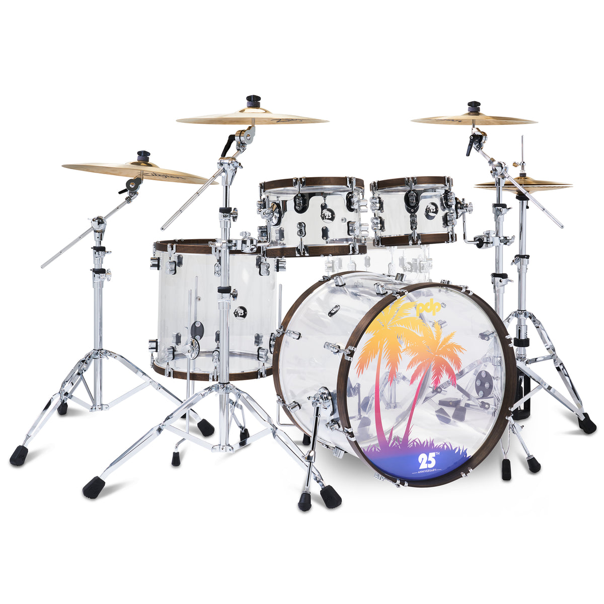 PDP PDLT221425TH 25th Anniversary 4-Piece Clear Acrylic with Walnut Stain Hoops Kit - 7x10, 8x12, 16x16, 16x22 (Available Only for 2024)
