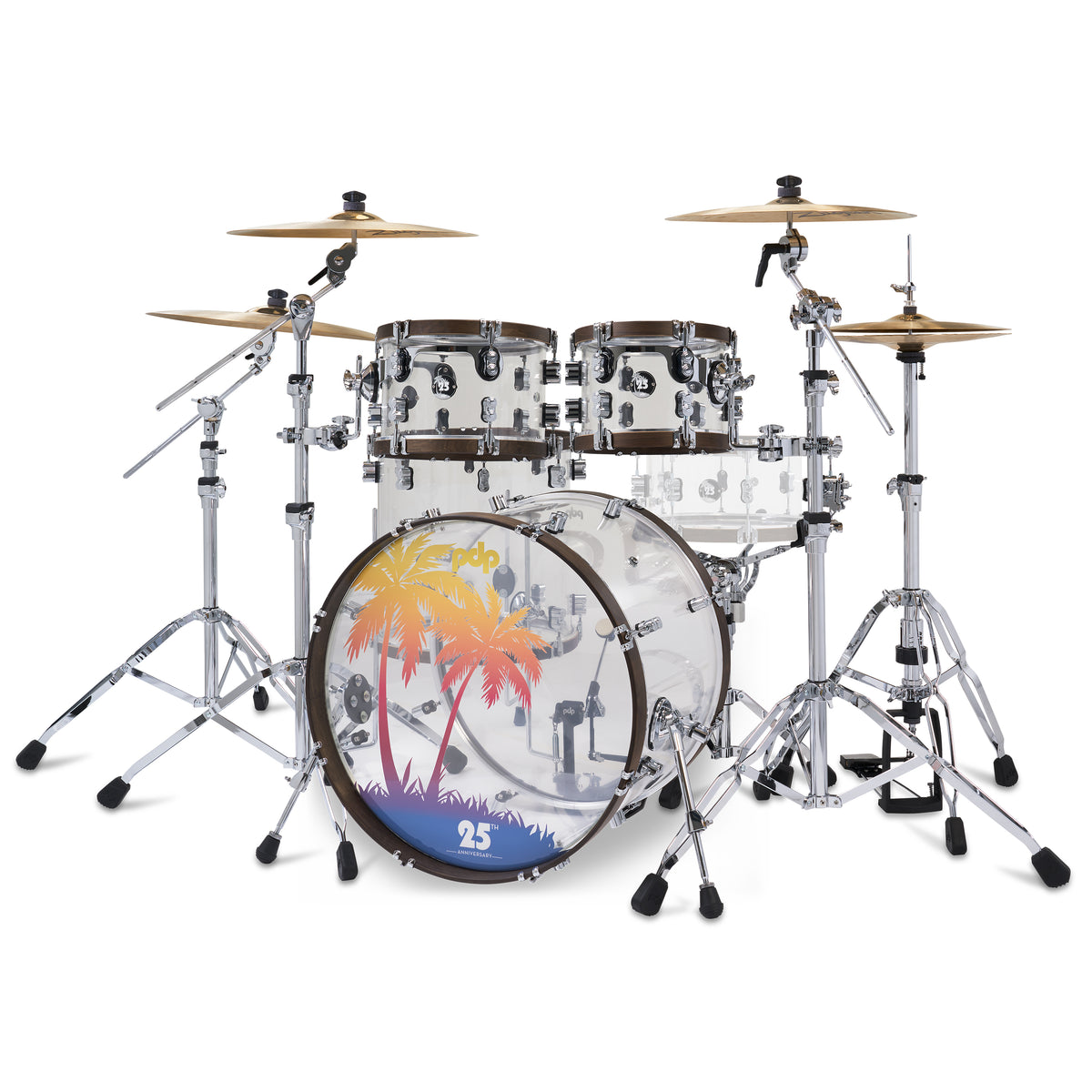 PDP PDLT221425TH 25th Anniversary 4-Piece Clear Acrylic with Walnut Stain Hoops Kit - 7x10, 8x12, 16x16, 16x22 (Available Only for 2024)