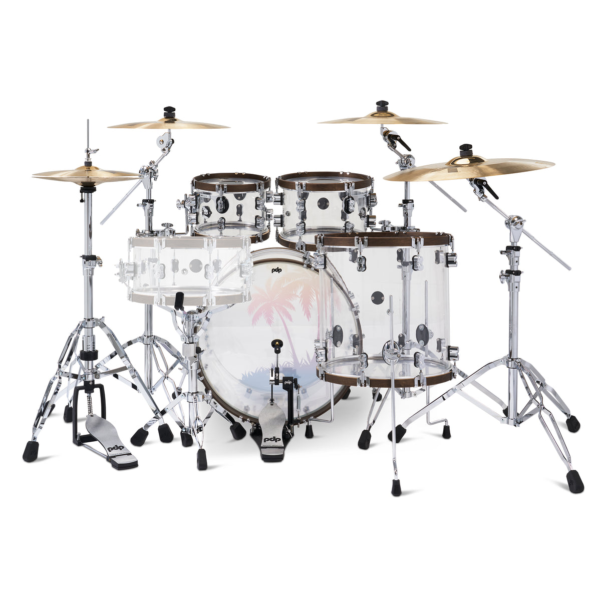 PDP PDLT221425TH 25th Anniversary 4-Piece Clear Acrylic with Walnut Stain Hoops Kit - 7x10, 8x12, 16x16, 16x22 (Available Only for 2024)